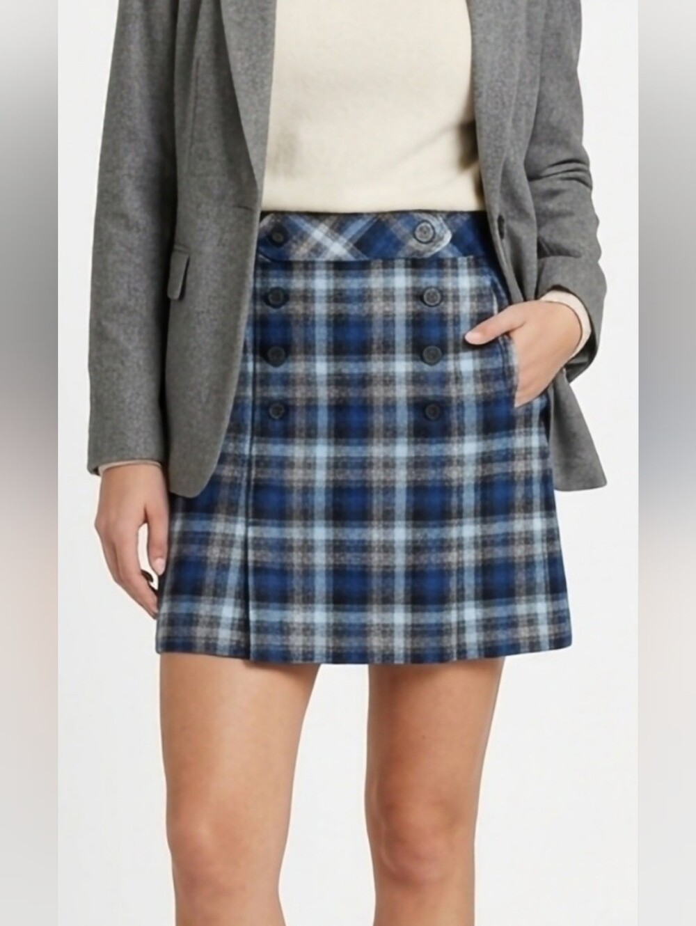 LOFT Ann Taylor Wool Blnd Blue Plaid Double-Breasted Mini Skirt 10/Medium